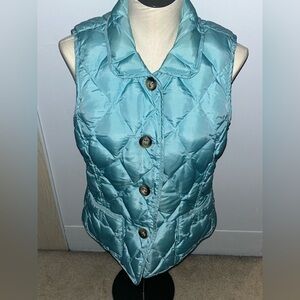 Talbots Women's M Quilted Down Puffer Vest Turquoise Blue Button Front Pockets
